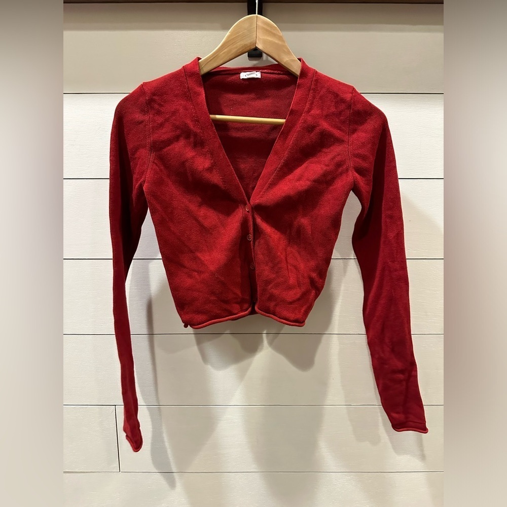 Garage Women’s Deep Red Button Front Knit Crop Sweater- size Small